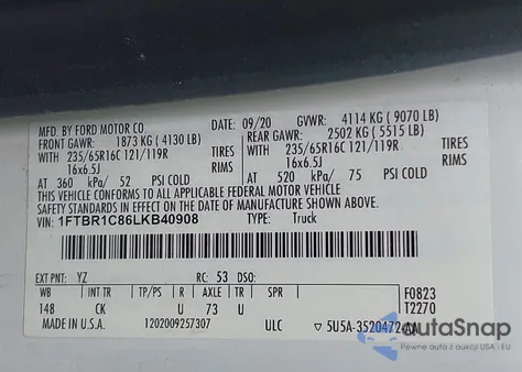 2020 Ford Transit-250 from USA, damaged, VIN 1FTBR1C86LKB40908